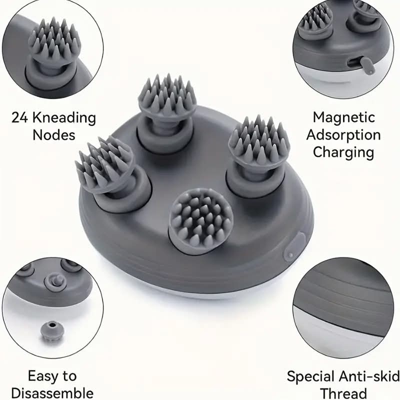 Electric Scalp Massager – Rechargeable Meridian Head Massager with 4 Massage Clusters, Portable & Waterproof Stress Relief Tool for Hair Growth & Relaxation