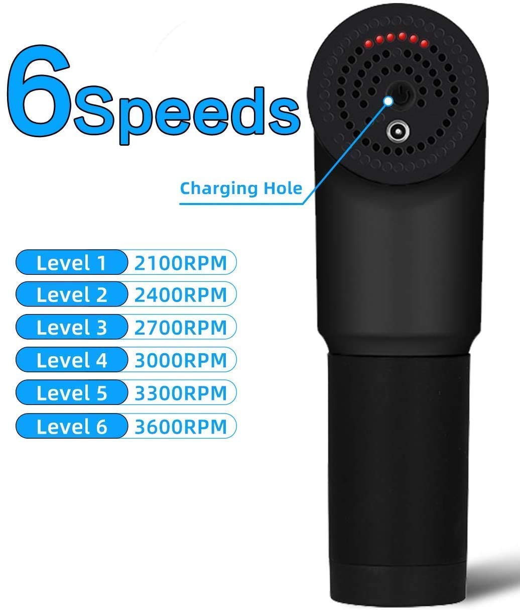 Deep Tissue Massage Gun for Muscle Pain Relief – Handheld Percussion Massager with 6 Speeds & 4 Heads – Quiet, Rechargeable, Portable for Athletes & Recovery