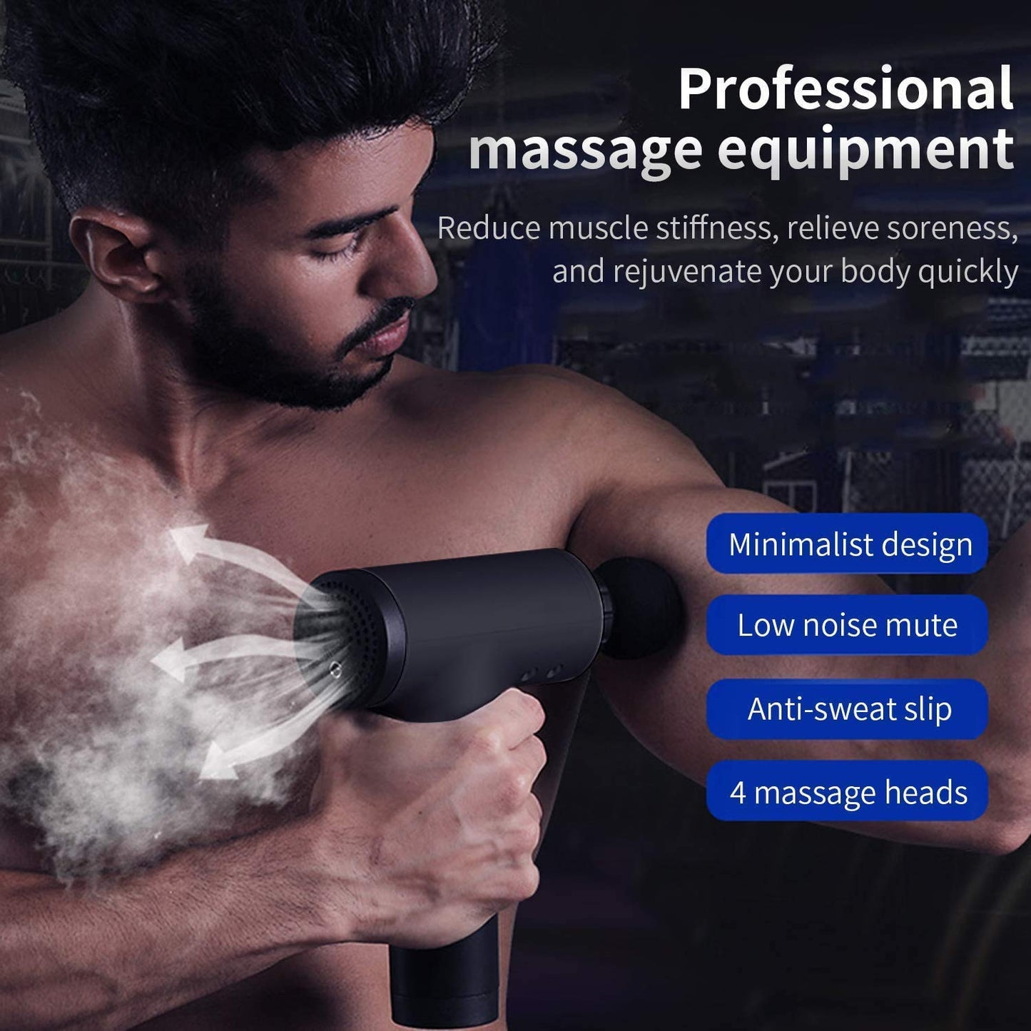 Deep Tissue Massage Gun for Muscle Pain Relief – Handheld Percussion Massager with 6 Speeds & 4 Heads – Quiet, Rechargeable, Portable for Athletes & Recovery