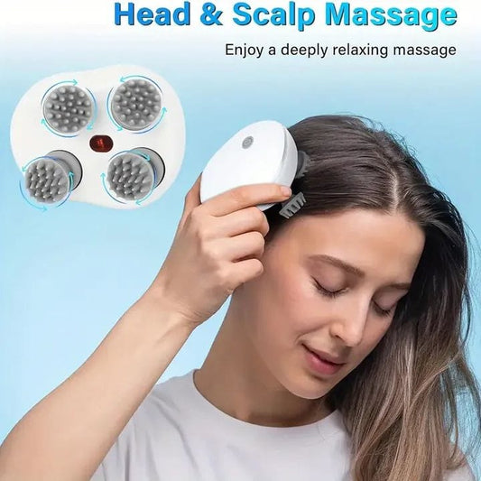 Electric Scalp Massager – Rechargeable Meridian Head Massager with 4 Massage Clusters, Portable & Waterproof Stress Relief Tool for Hair Growth & Relaxation